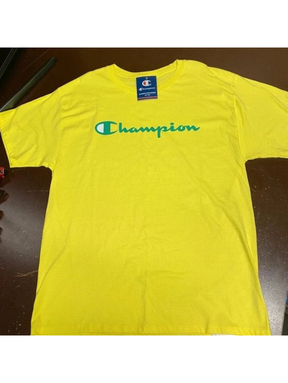 Champion yellow green mens Crew Neck Pullover T Shirt Sz L XL 2XL